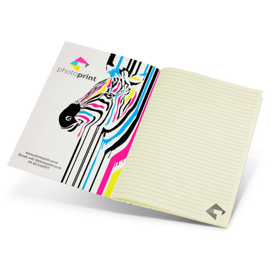 A large, full-colour notebook featuring a zebra illustration in bright pink, blue, and yellow, with lined pages.