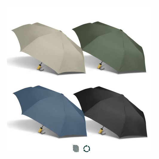 A compact umbrella available in beige, green, blue, and black, featuring a logo on the handle.