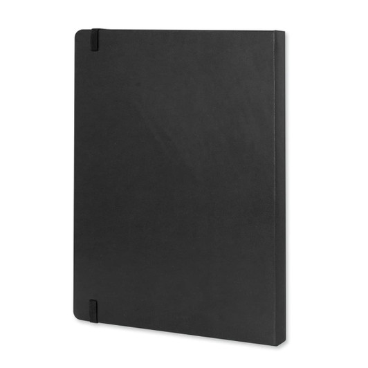 A black Moleskine Classic Hard Cover Notebook in extra large size, featuring an elastic band and a simple, sleek design.