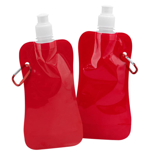 A drink bottle in vibrant red, with a flexible design and a cap, featuring a metal loop for attachment.
