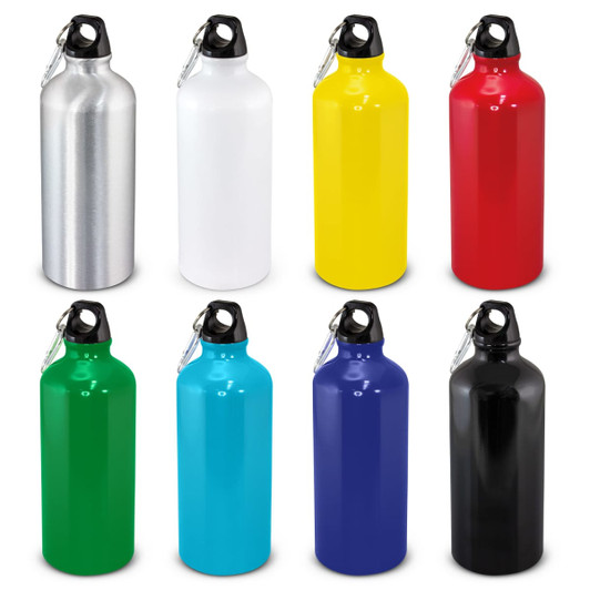 A drink bottle collection featuring silver, white, yellow, red, green, blue, purple, and black bottles, each with a logo.