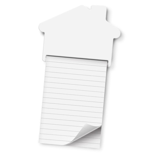 A magnetic memo pad shaped like a house, featuring a white design with lined pages for notes.