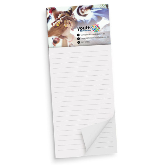 A notepad with a lined format, featuring a colourful header and a logo at the top.