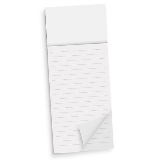 A lined notepad with a white cover and a few pages slightly curled at the bottom. It has a logo at the top.