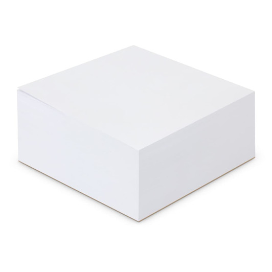 A white memo cube note pad with 400 blank leaves, featuring a smooth finish and a square shape.