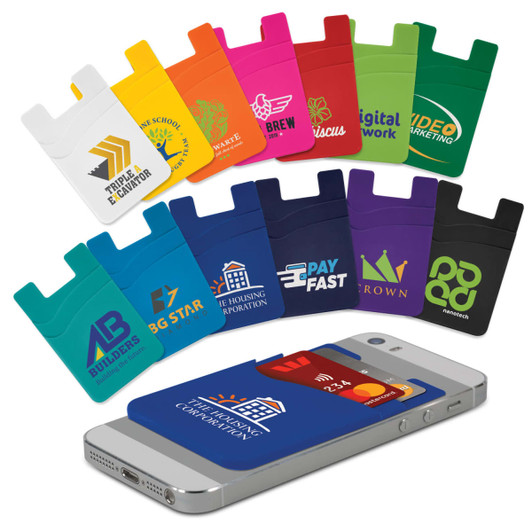 A collection of colourful silicone phone wallets in various hues, displayed with a smartphone. Each wallet features a logo.