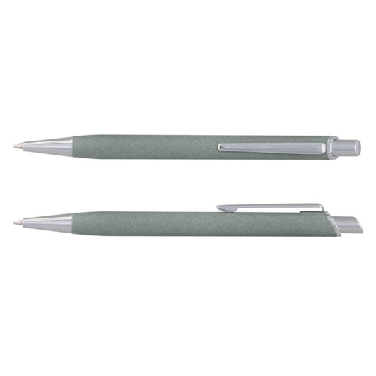A metal pen in a soft green finish with silver accents and a clip, featuring a logo on the body.