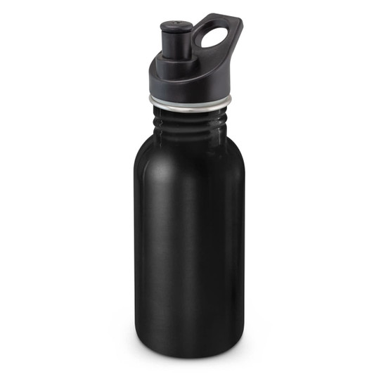 A drink bottle in matte black, featuring a spout and a handle, with a branding logo on the body.