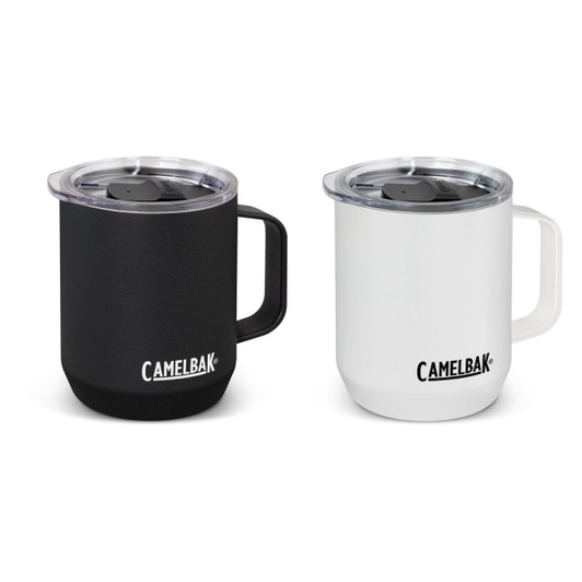 A drink mug set featuring a black and a white vacuum-insulated design, each with a clear lid and a handle.