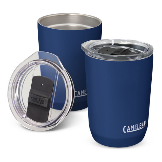 A drink bottle in navy blue with a clear lid and a branding logo, featuring a vacuum-insulated design.