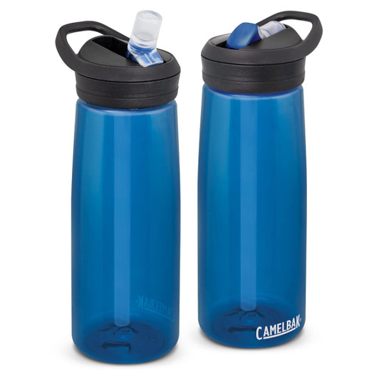 A drink bottle in blue with a black lid, featuring a spout and a brand logo.