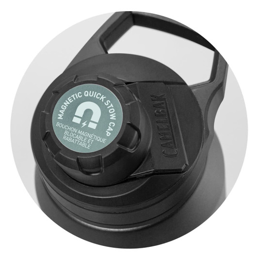 A drink bottle with a black body and a magnetic quick-stow cap, featuring a built-in handle and a logo.