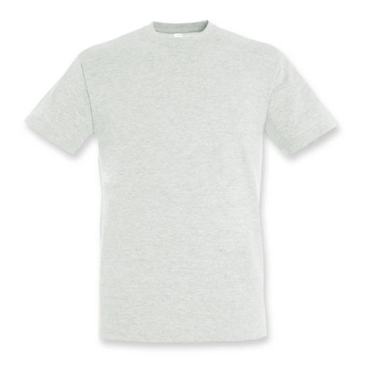 A light grey adult t-shirt with short sleeves and a crew neckline, featuring a logo.