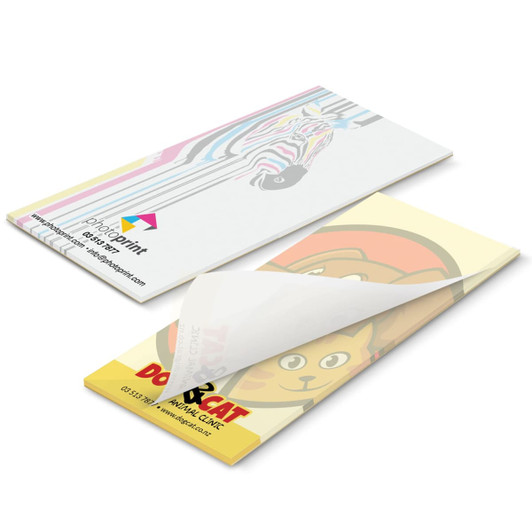 A full-colour note pad with a striped design on one side and a cartoon dog and cat on the other, featuring a logo.