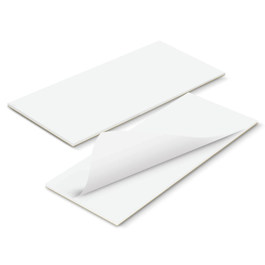 A white notepad with a full-colour cover, showing sheets that can be peeled away. It includes a branding logo.