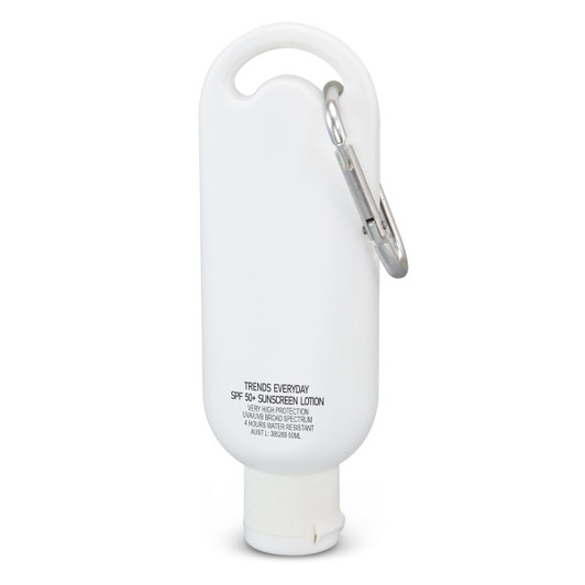 A white bottle of sunscreen with a carabiner attached, containing 50ml of SPF 50+ sunscreen lotion.