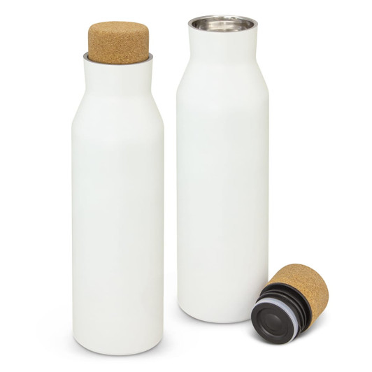 A drink bottle in white with a cork lid, featuring a sleek design and an insulated interior.