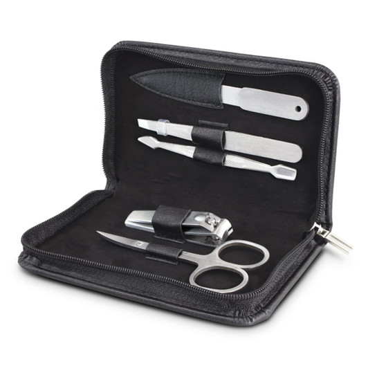 A black zippered case containing a manicure set with scissors, nail clippers, and multiple tools.