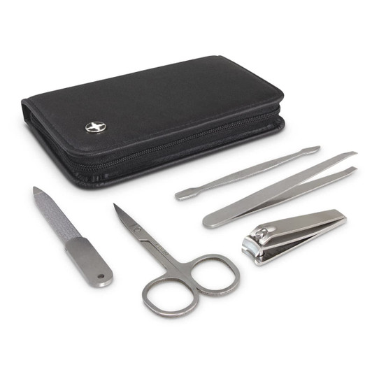 A black zippered case containing a manicure set with scissors, clippers, a file, and tweezers.