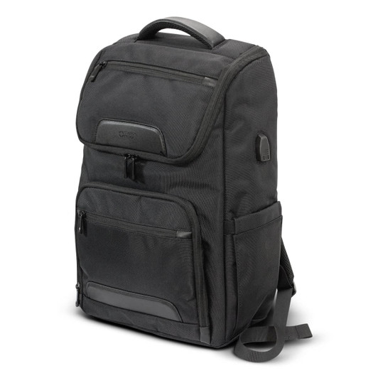 A black Swiss Peak Voyager laptop backpack with multiple zippered compartments and a padded handle.