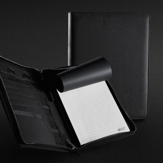 A black A5 portfolio with zipper, featuring an internal notepad and multiple card slots. Branding is visible.