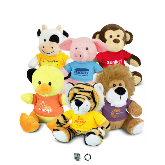 Assorted plush toys featuring a cow, pig, monkey, duck, tiger, and lion, in various bright colours and t-shirts.