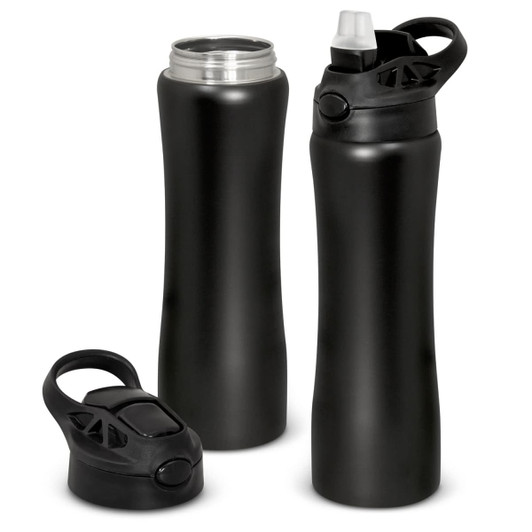 A drink bottle in matte black, featuring a twist-off lid and a sports cap with a straw. Includes an additional lid.