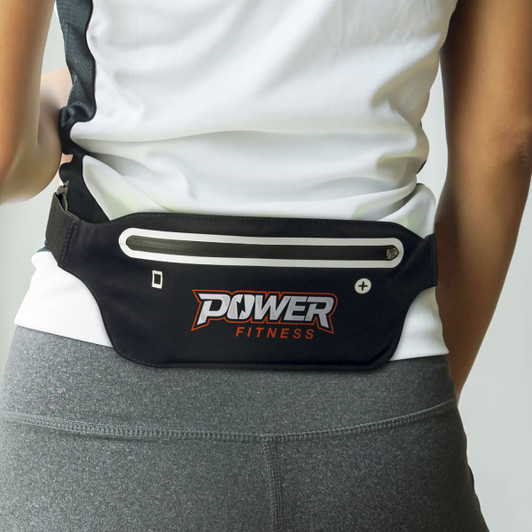 A black running belt with a zippered pocket, worn around the waist, featuring a logo.