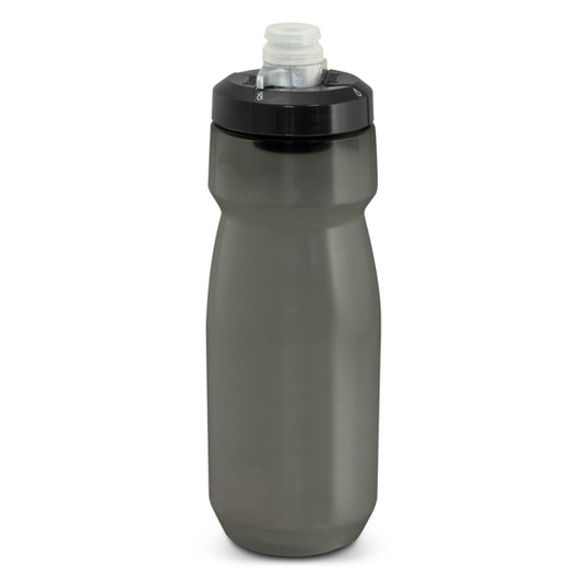 A drink bottle in a dark green colour with a black lid and a spout, featuring a logo on the body.