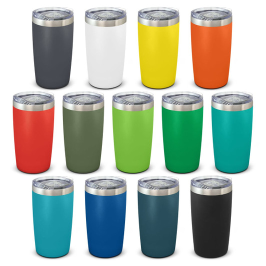 A collection of vacuum cups in various colours including grey, white, yellow, orange, red, green, and blue, with silver lids.
