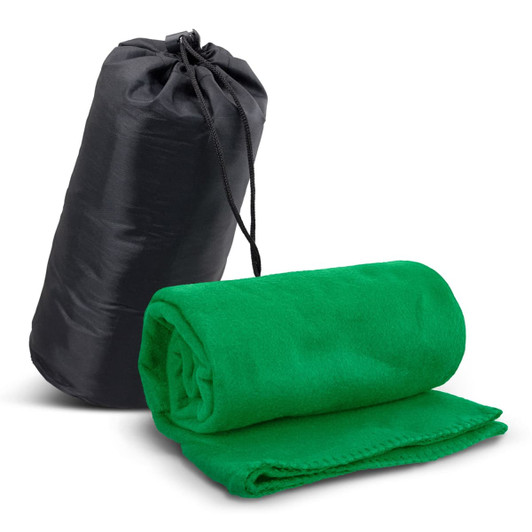 A green fleece blanket neatly rolled and packaged in a black carry bag with a drawstring.