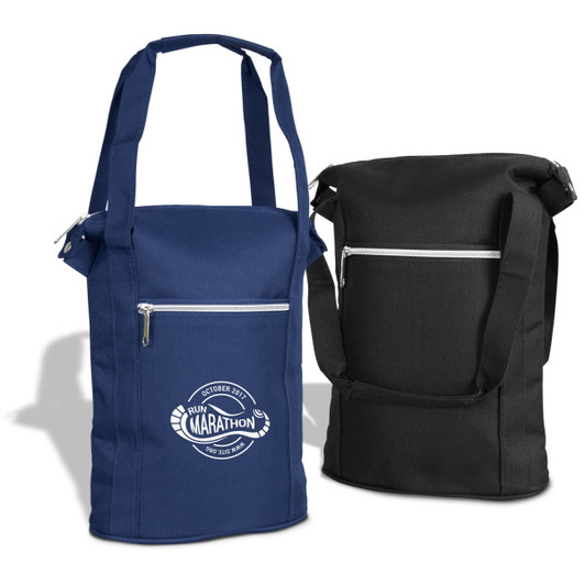 A drink bottle cooler bag in navy blue and black, featuring a front zip pocket and a logo.