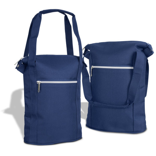 A navy cooler bag with shoulder straps and a front zip pocket, featuring a sleek design and room for a drink bottle.