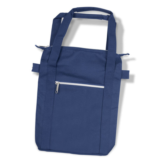 A navy blue wine cooler bag with dual handles and a front zip pocket. The bag has a simple, minimalist design.