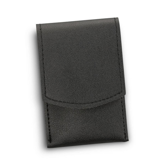 A black leather case containing a manicure set, featuring a sleek design and a flap closure.