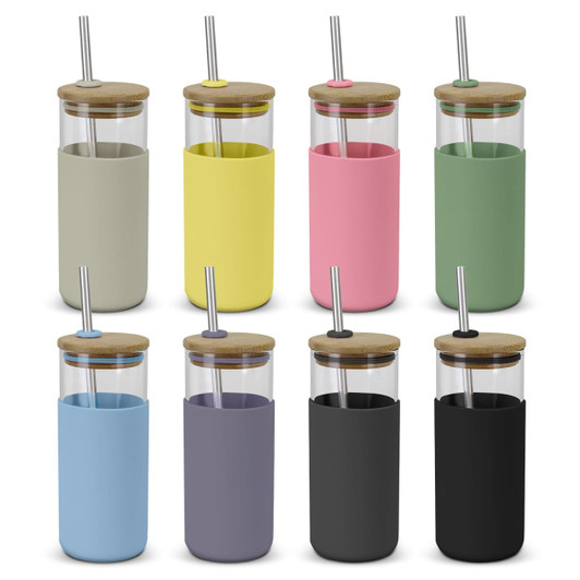A range of Alchemy Glass Tumblers in various colours with bamboo lids and metal straws, featuring silicone sleeves.