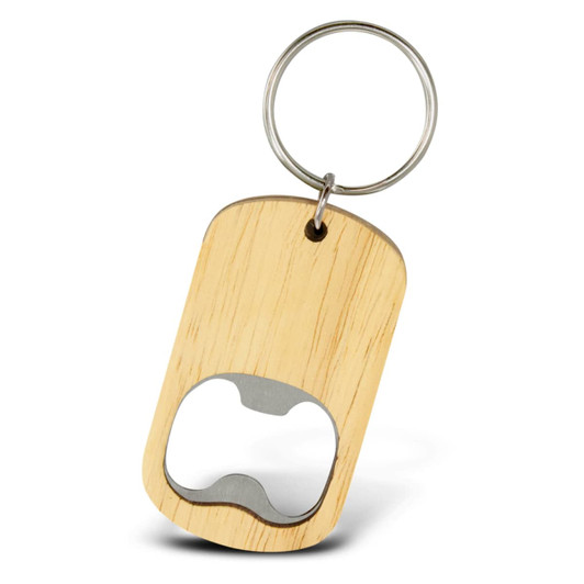 A drink bottle opener key ring with a wooden finish and a metal bottle opener integrated into the design.
