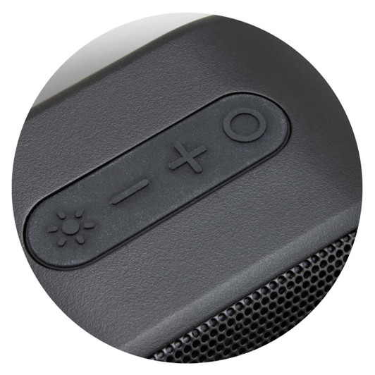 A close-up view of a black outdoor Bluetooth speaker's control panel, featuring buttons for volume and power.