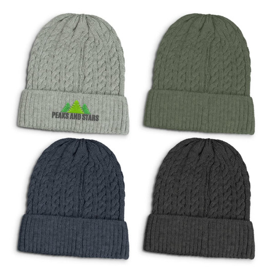 A collection of Altitude Knit Beanies in grey, green, navy, and charcoal with a logo on one beanie.