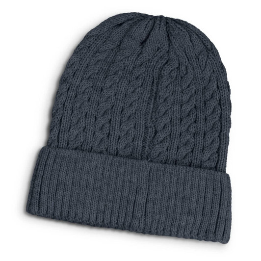 A dark grey knitted beanie with a cable knit pattern and a folded brim, featuring a logo.