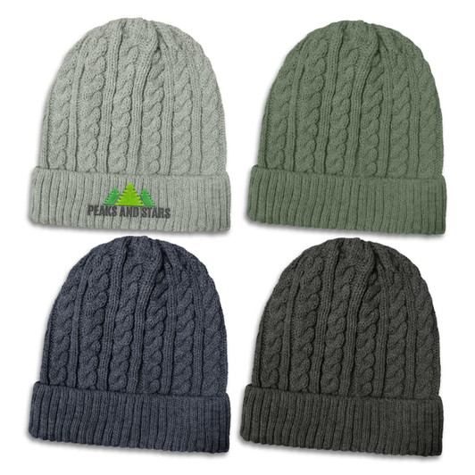 A set of four knitted beanies in grey, dark green, navy, and charcoal, featuring a logo on one beanie.