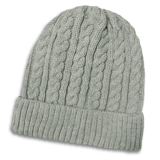 A light grey knit beanie with a textured cable design and a folded brim. It has a logo on it.