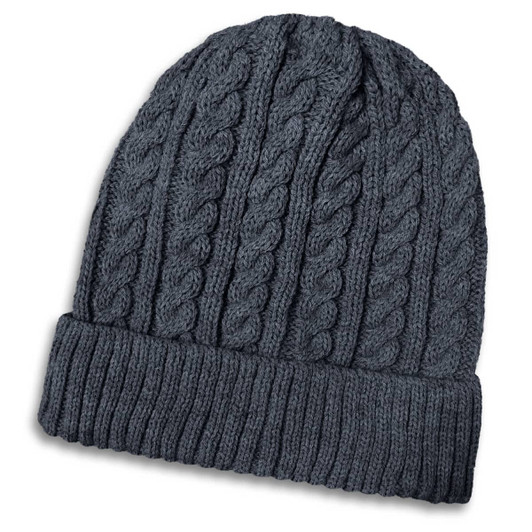 A dark grey knit beanie featuring a cable pattern and a ribbed cuff. It has a logo on the side.