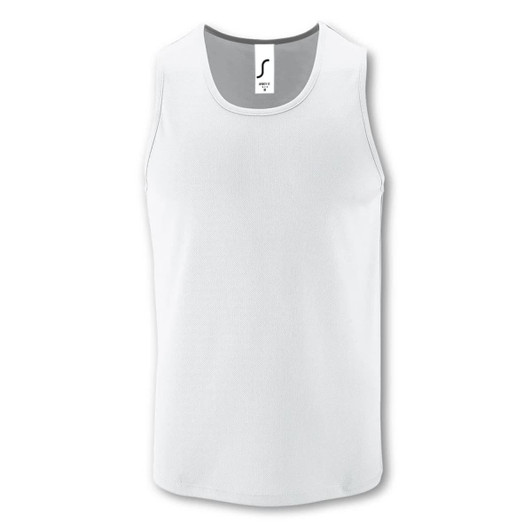 A white sporty men's tank top with a logo, featuring a sleeveless design and a smooth fabric texture.