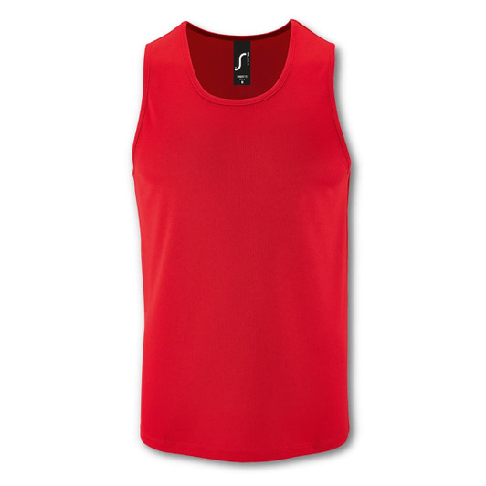 A red tank top with a logo, designed for sports and categorized as a men's singlet.