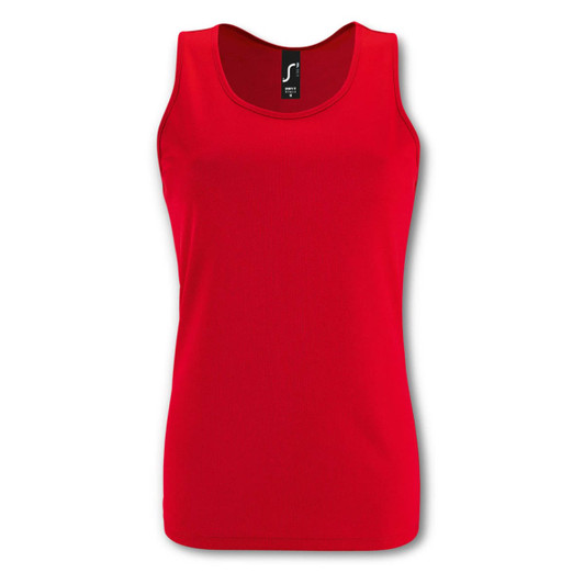 A red women's tank top with a fitted design and a logo at the neckline.