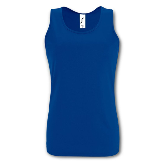 A blue women's tank top featuring a fitted design and a logo on the neckline.