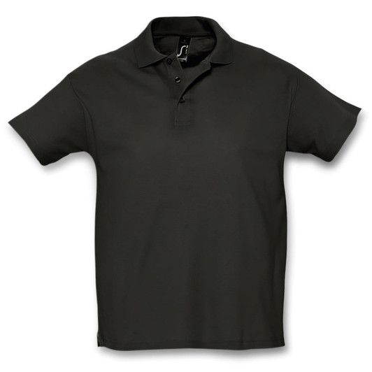 A dark green polo shirt with a classic collar and a logo on the chest. Short sleeves complete the design.