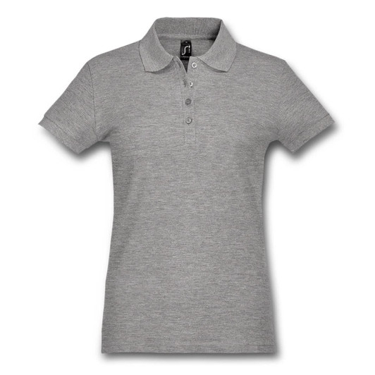 A grey women's polo shirt featuring a collared neckline and buttoned placket. It includes a logo on the chest area.
