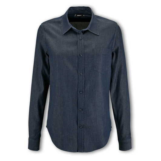 A women's denim button-up shirt in dark blue with a single chest pocket and a collar. It has a logo on the label.